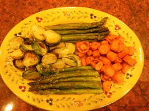 Brussel sprouts, carrots, and asparagus 